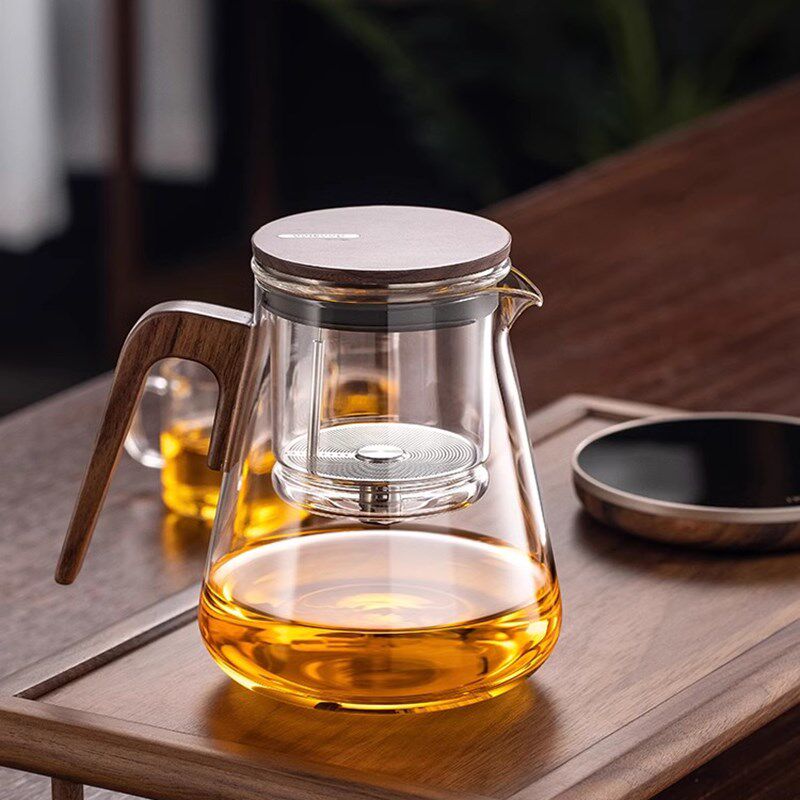 泡茶壶茶水分离飘逸杯全玻璃内胆过F滤泡茶杯胡桃木把磁吸茶道杯
