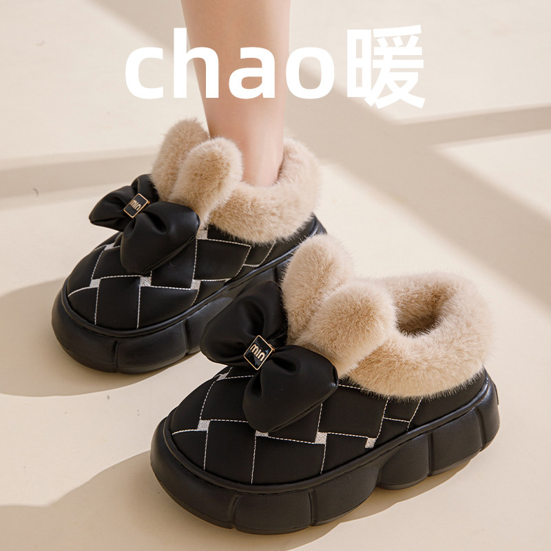 厚底蝴蝶结棉拖h鞋女冬季2024新款PU皮防水毛绒保暖包跟雪地靴外