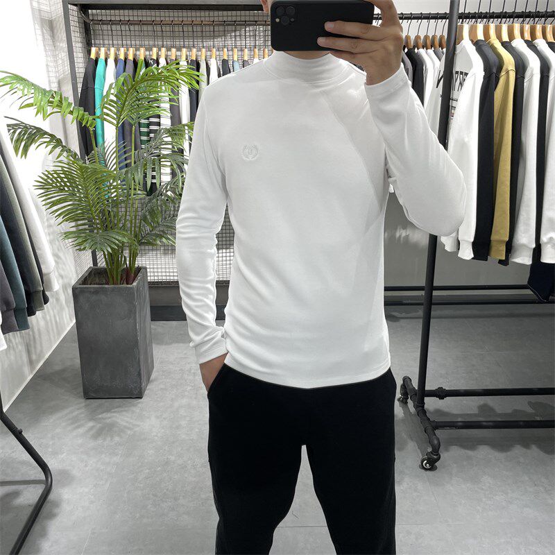 冬季新款双面绒磨毛中领长袖t恤男韩版加厚保暖半高领德绒打底衫