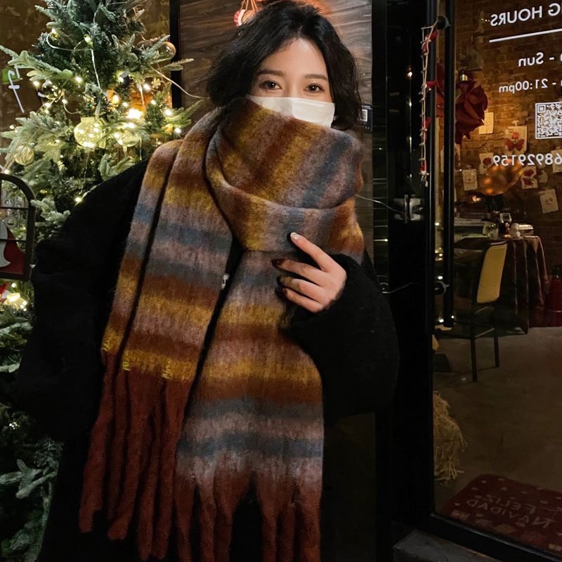 韩版条纹围巾冬季女生高级感拉毛彩色保暖围脖学生情侣款披肩两用