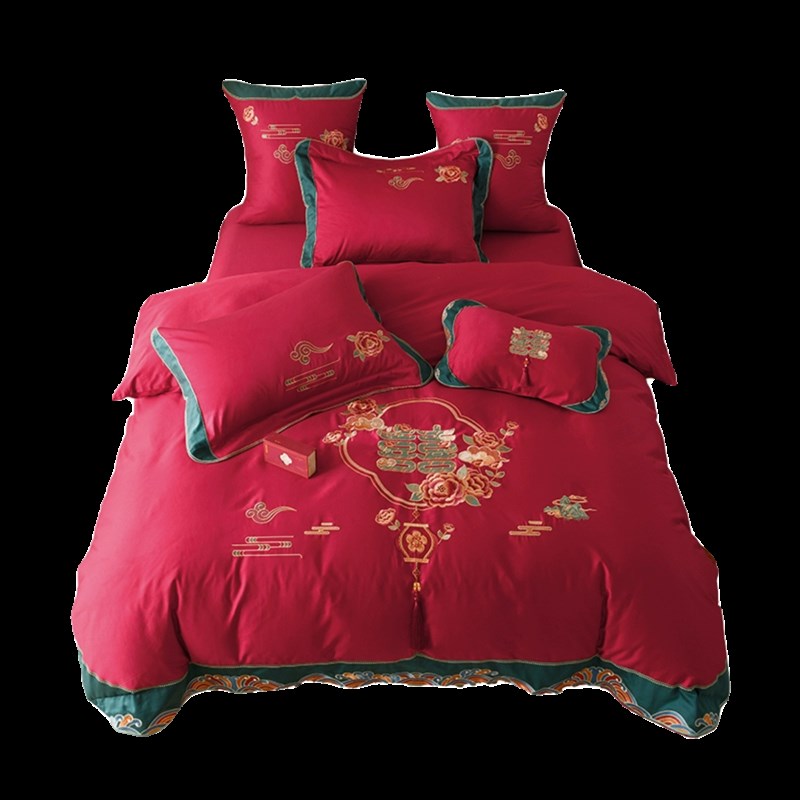 新中式婚庆刺绣四件式100支全棉结婚红色被套床单床上用品
