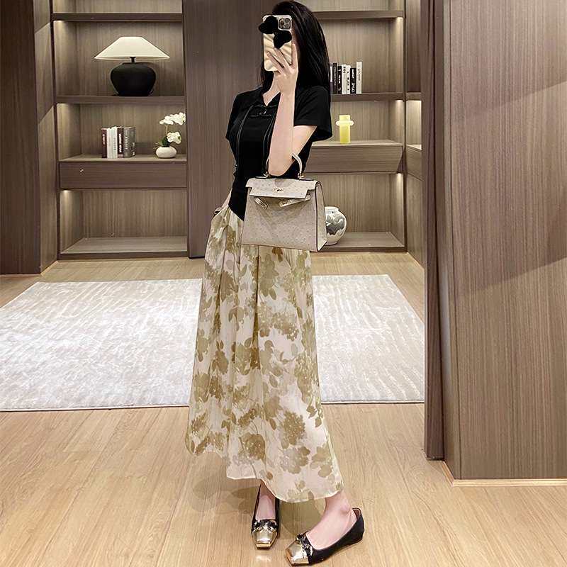 2025女士中式翻领T恤休闲复古套装长裙新款女式网红两件套装