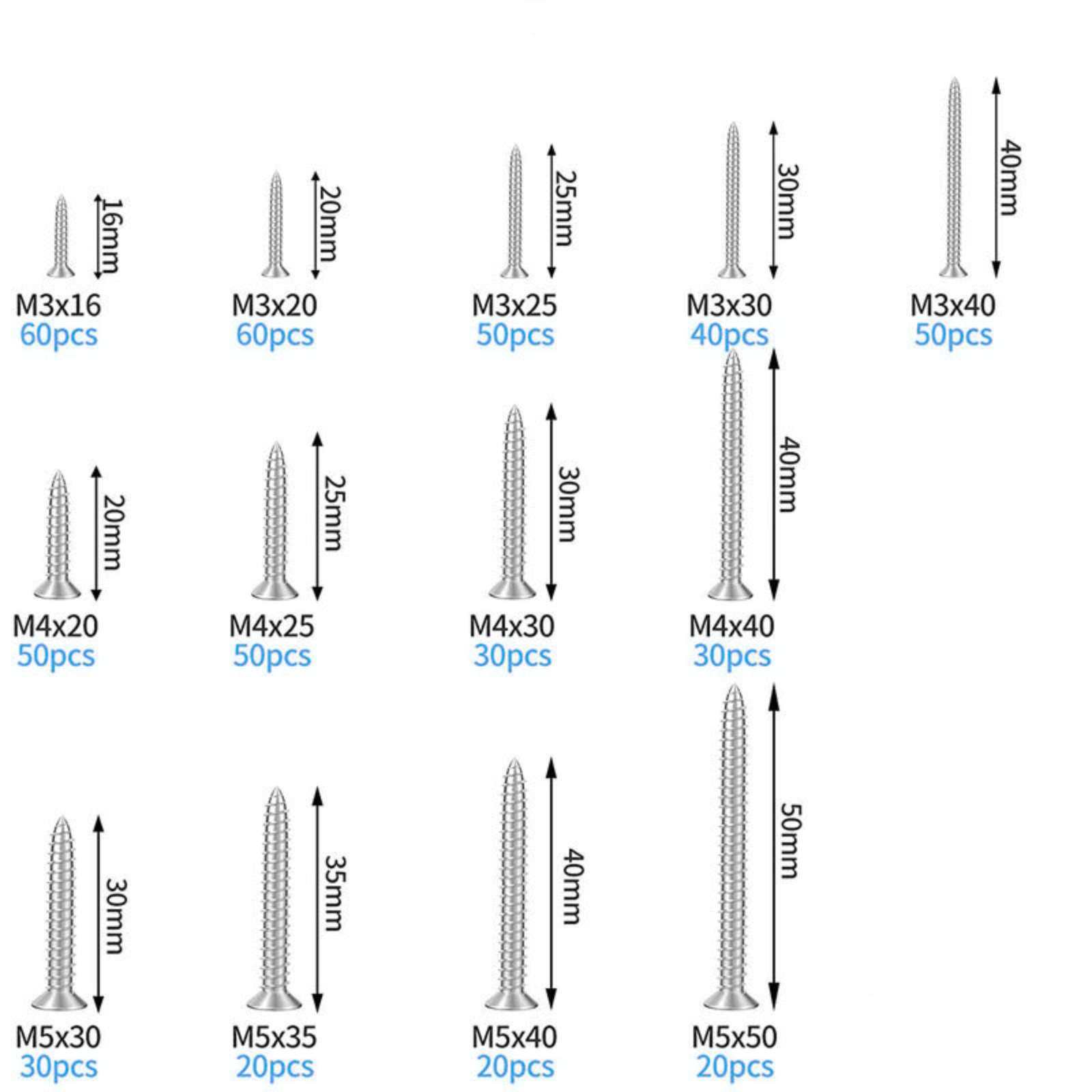 跨境510pcs M3M4M5不锈钢304 DIN7982十字沉头自攻钉组合套装盒装