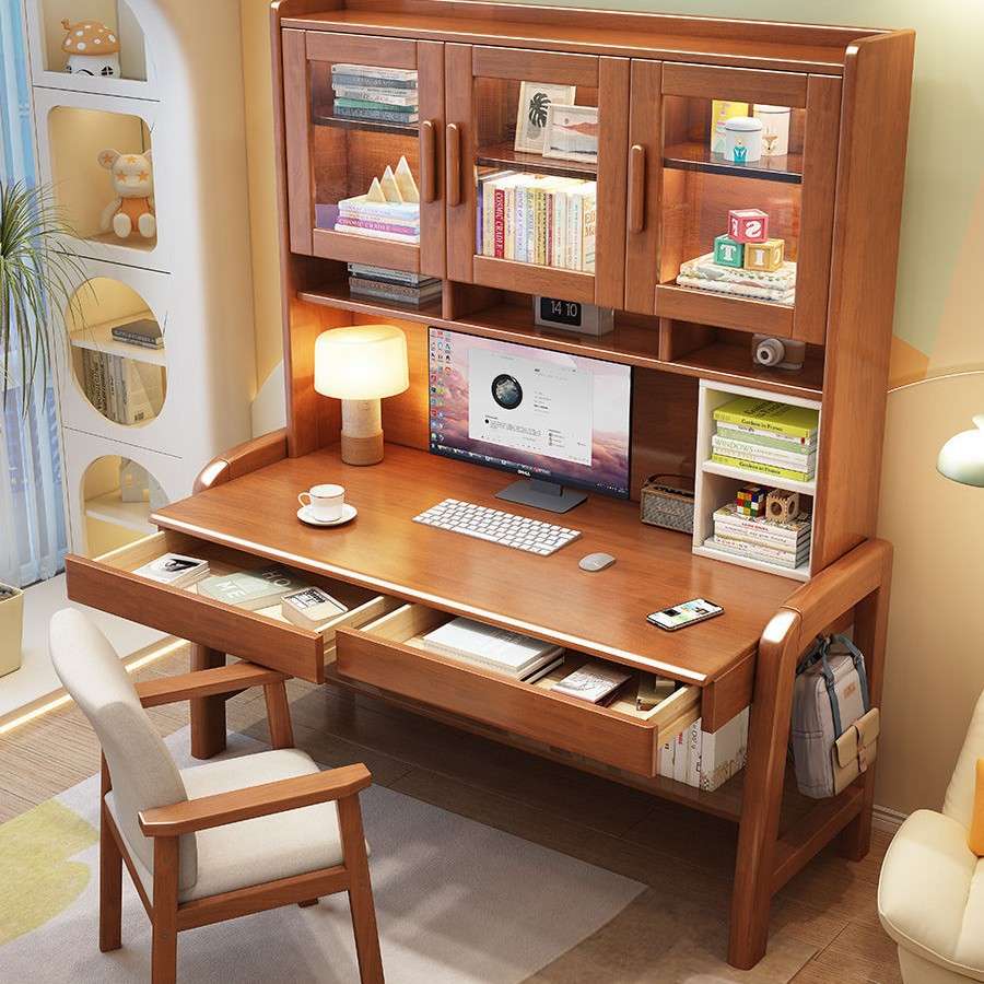 简约现代书房实木书桌家用卧室办公电脑桌学生书架书柜一体写字桌