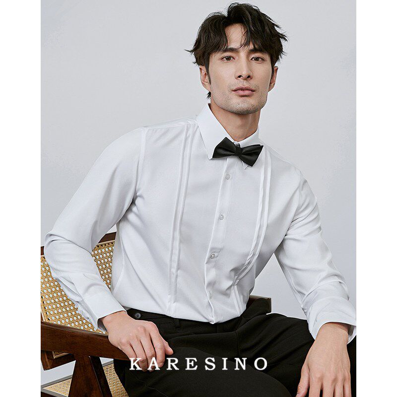 KARESINO男士商务宴会结x婚衬衫抗皱免烫新郎伴郎订婚白色衬衣长