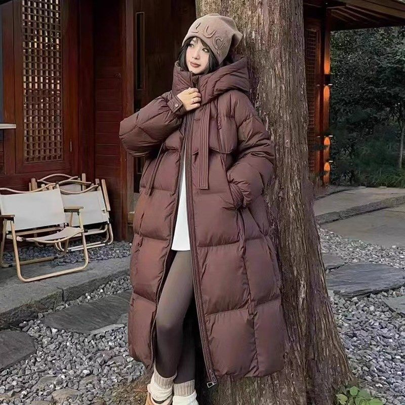 韩版宽松过膝棉衣棉袄2024A新款羽绒棉服女冬季连帽面包服保暖