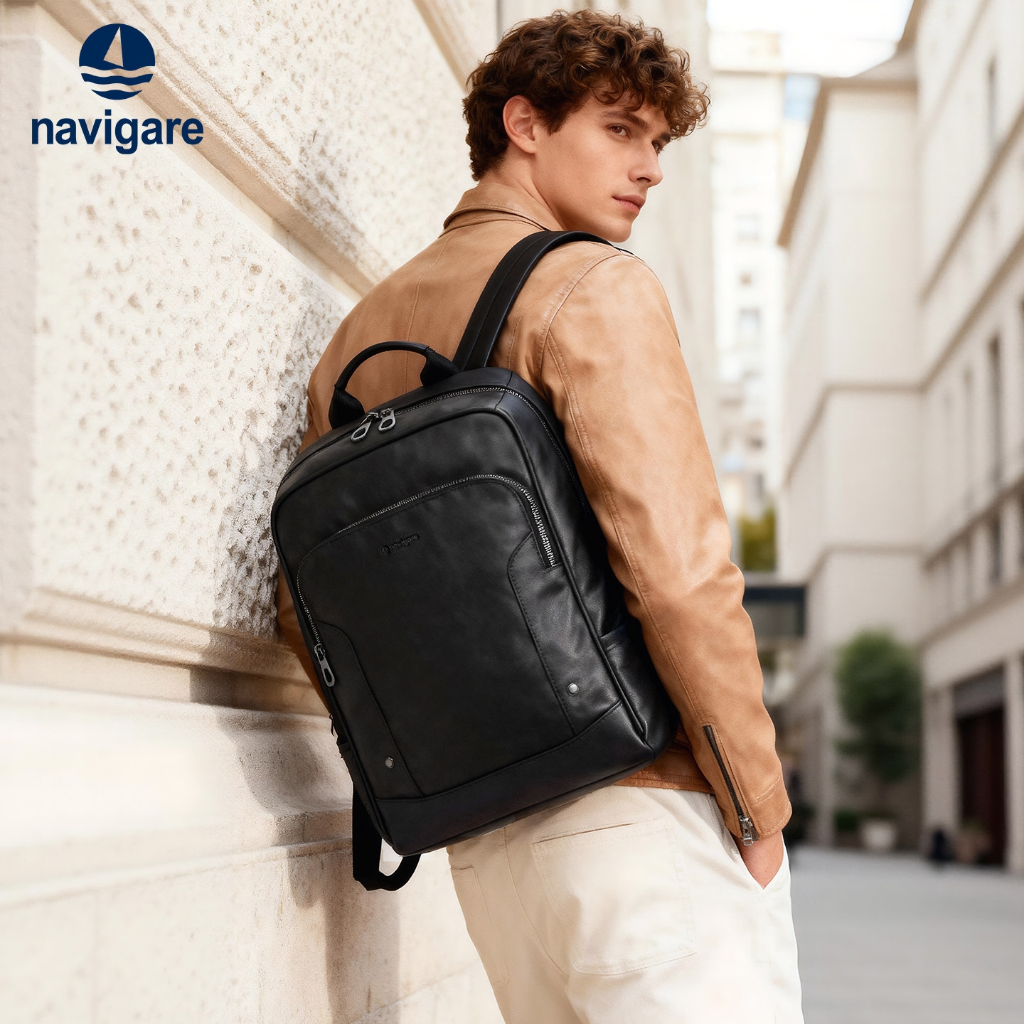 Navigare纳维凯尔意大利小帆船双肩包男商务差旅电脑书包真皮背包