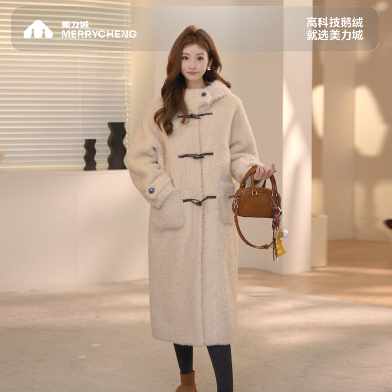 美力城羊羔毛羽绒服大衣25年秋冬新款连帽鹅绒内胆可拆卸外套K503
