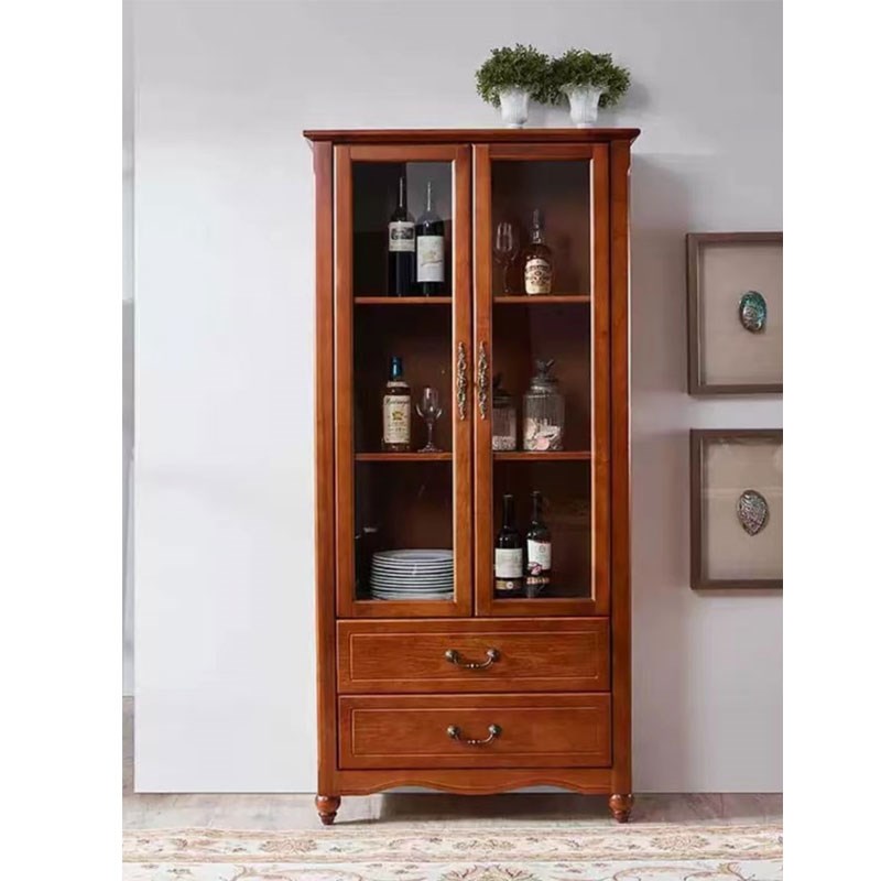 全实木酒柜双门陈列柜置物柜简约玻璃门红酒柜美式实木酒柜