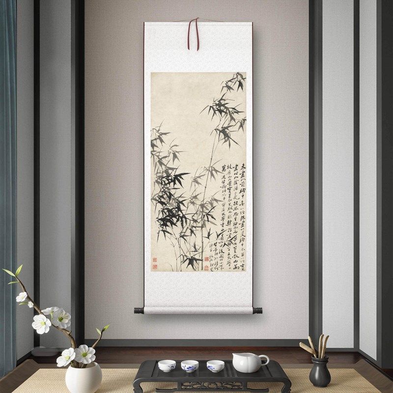 清 郑板桥《风竹石图》客厅书房茶室装饰画挂Q画玄关水墨高清卷轴