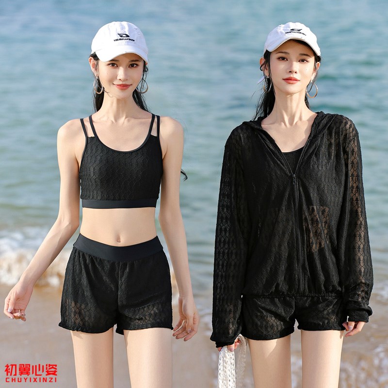 大码泳衣女胖MM分m体三件套长袖连帽拉链防晒罩衫遮肚保守微胖女