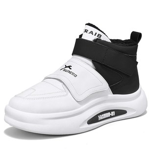 冬天无鞋带雪地靴加绒保暖运动休闲棉鞋男款白色高帮板鞋学生冬鞋