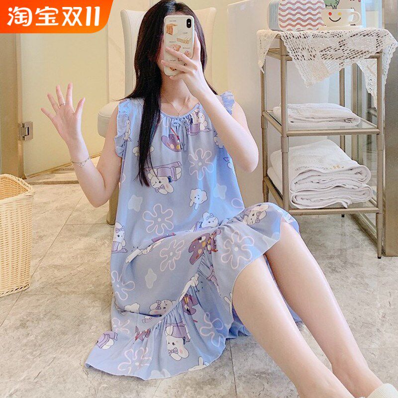 夏季女士棉绸睡裙薄款无袖u空调裙家居服青少年女孩子学生人造绵