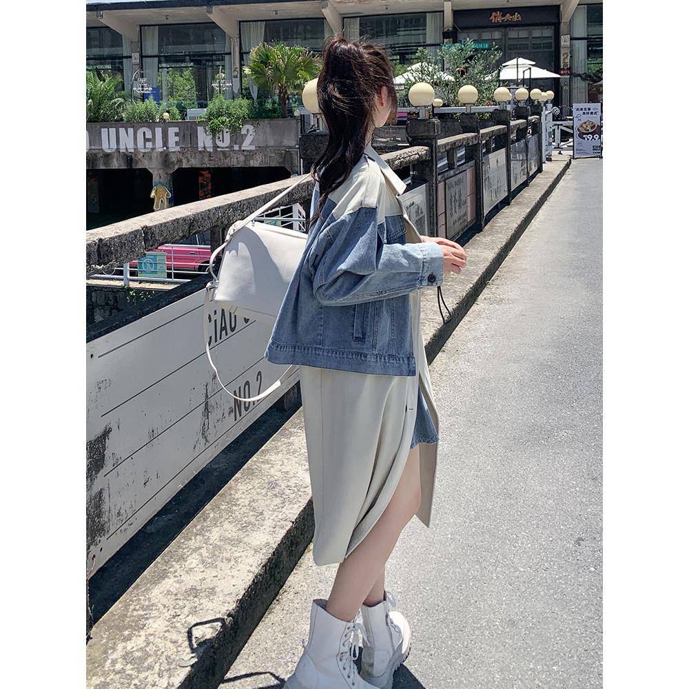 JSJ浅卡接其色设计感牛仔拼假两风衣女年秋件季长新款百搭款大衣