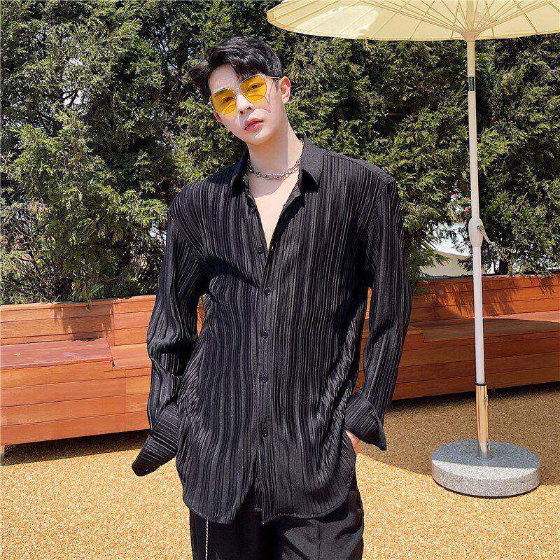 的春H1HcGX5x夏很仙感压衬衫男长袖宽松韩版个性时尚皱设计感网红