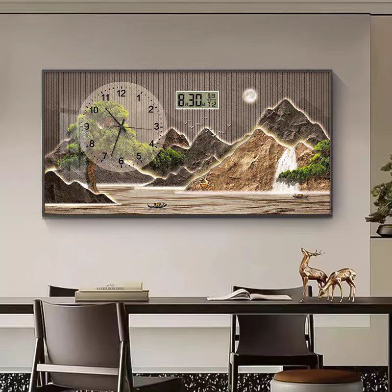 新中式餐厅时钟装饰画高级感万年历客厅背景墙挂画茶室书房钟表画