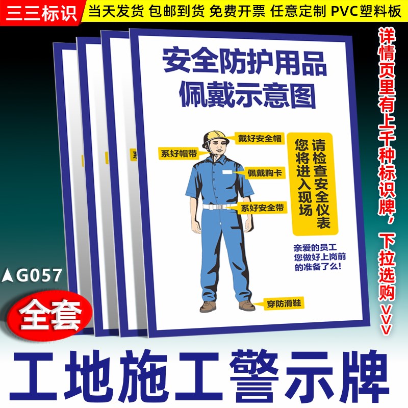 安全防护用品佩戴示意图施工标识牌工地标志牌装修现场警示牌定制