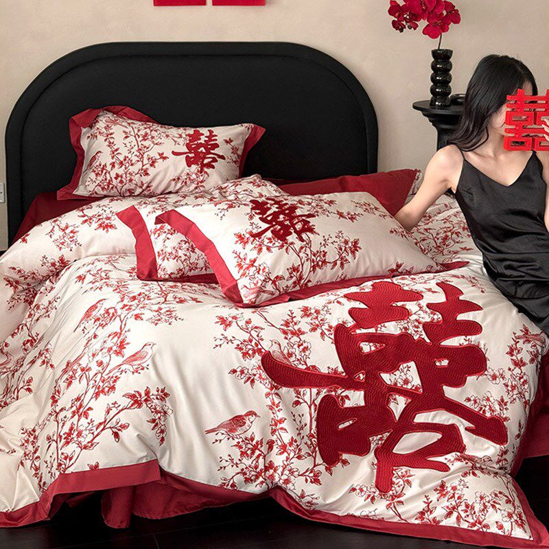 新款中式婚庆高支长绒棉四件套结婚红色刺绣花鸟被套新婚床品