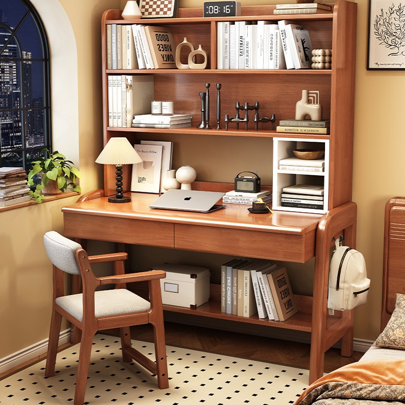 实木书桌书架一体可升降电脑桌家用简约办公桌卧室床边学习写字桌