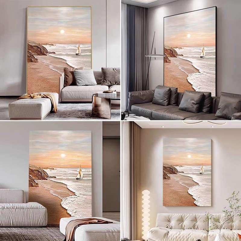大芬村手绘油画客厅沙发背景装饰画海上日出肌理画床头挂画图片