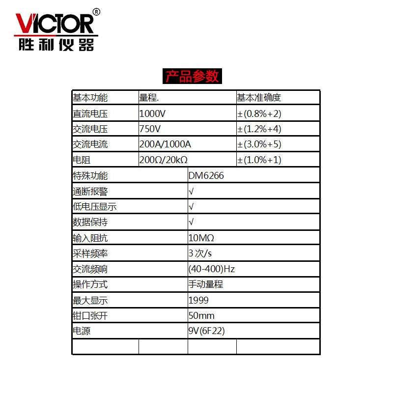 深圳胜利仪器钳形万用表DM6266钳型电流表victor626卡流表VC6015F