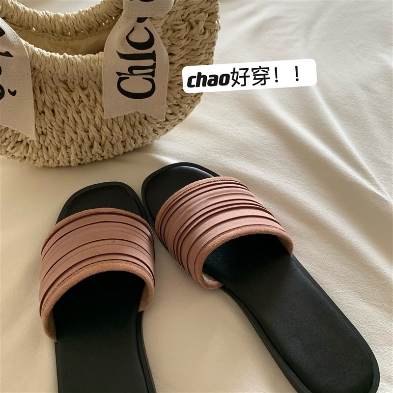 晚风温柔b~褶皱沙滩拖鞋夏外穿度假仙女风露趾一字拖法式气质凉拖