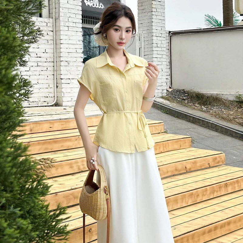 时尚雪纺衬衫搭阔腿裤两件r套女2025夏季新款洋派质减龄显瘦套装