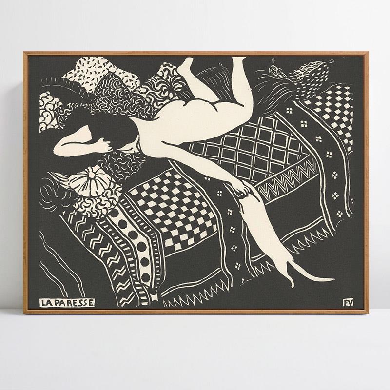 闲来逗猫 c女孩与猫咪简约黑白版画艺术大师瓦洛东 旁白装饰画卧