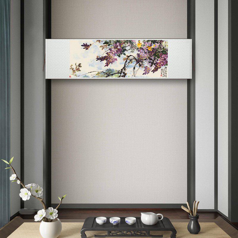 田雨林《紫气东来》横幅客厅书房茶室L装饰挂画花鸟卷轴字画