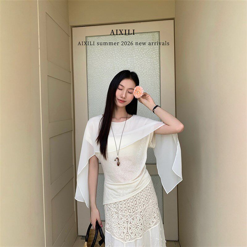 2026新款韩版小众设计感雪纺披肩拼接收腰显瘦不规则假Y两件T恤女