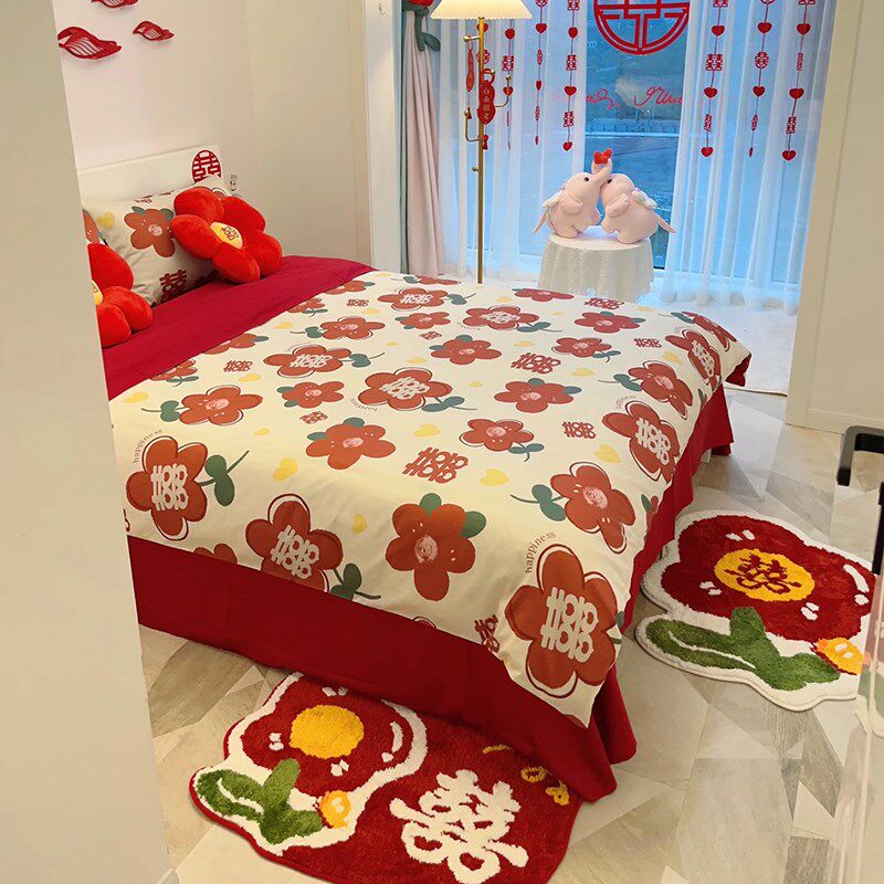 乐优公主结婚四件套大红色婚房喜被婚庆床单N被套婚嫁新婚床上用