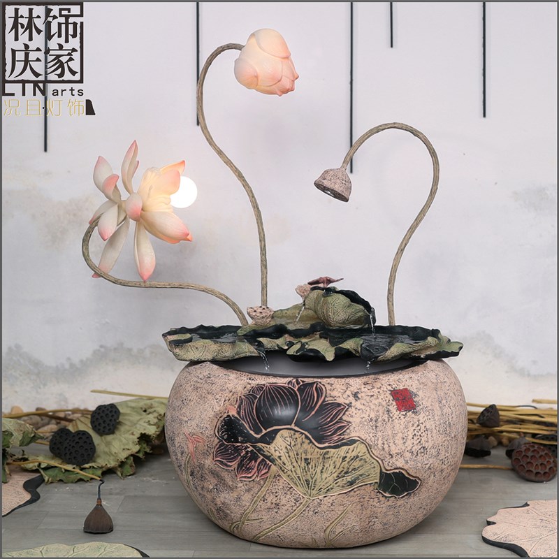 现代中式循环流水生财喷泉荷花灯落地灯客厅茶室S装饰摆件室内水