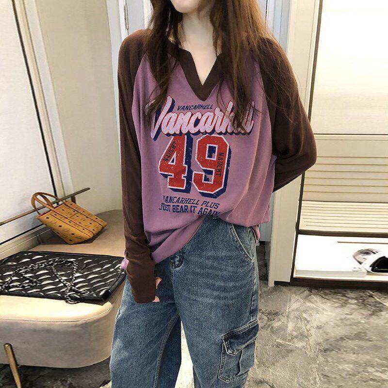 秋新拼接长袖长领恤a6QIJsCu女宽松春遮屁股款中款打底衫内搭欧货