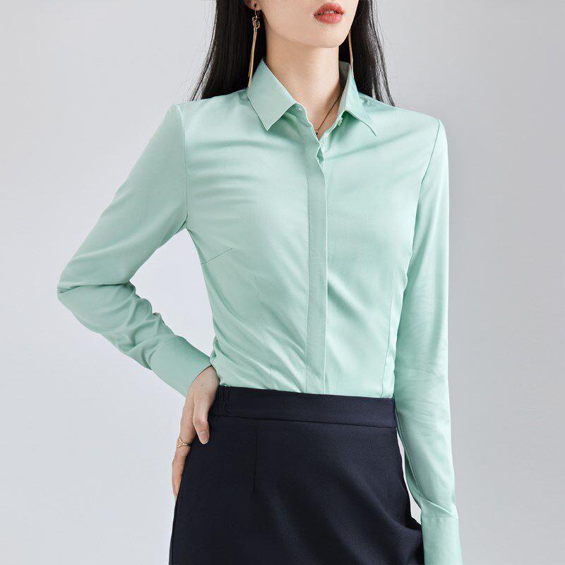 竹瘦纤维气质白衬衫女长袖业装免烫弹职力FmeRd7Rr工作服显小绿众