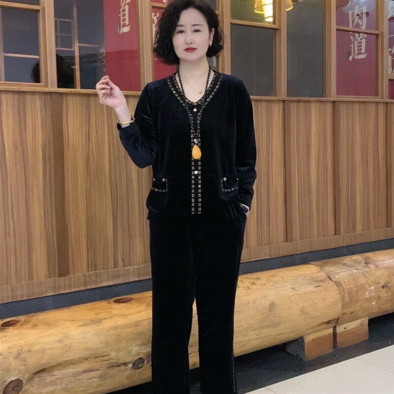 春季新款V领e金丝绒烫钻拼接长袖套装显瘦时尚百搭妈妈装两件套女