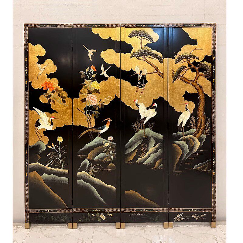 中古定制屏风黑底花鸟漆画客厅隔断古G典茶室玄关装饰折叠折屏移