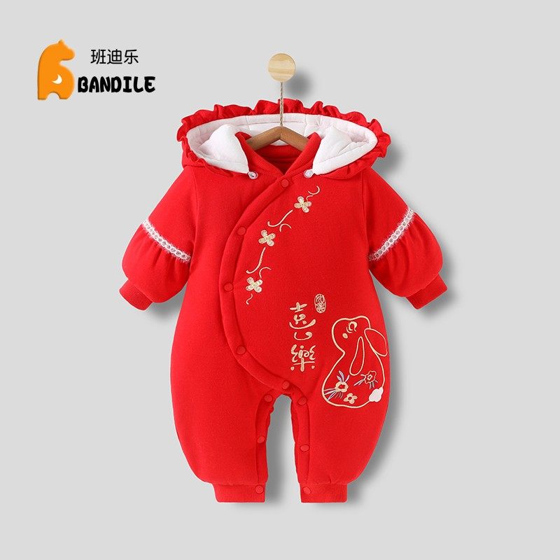 新生儿加厚连体衣冬季外r出哈衣满月宝宝大红色拜年服初生婴儿棉
