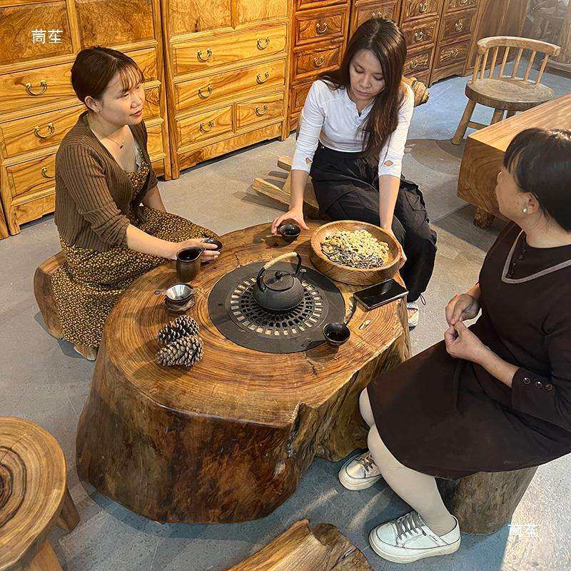 原实木根雕茶几2023新款围炉煮茶桌户外庭院休闲树根烧烤炉