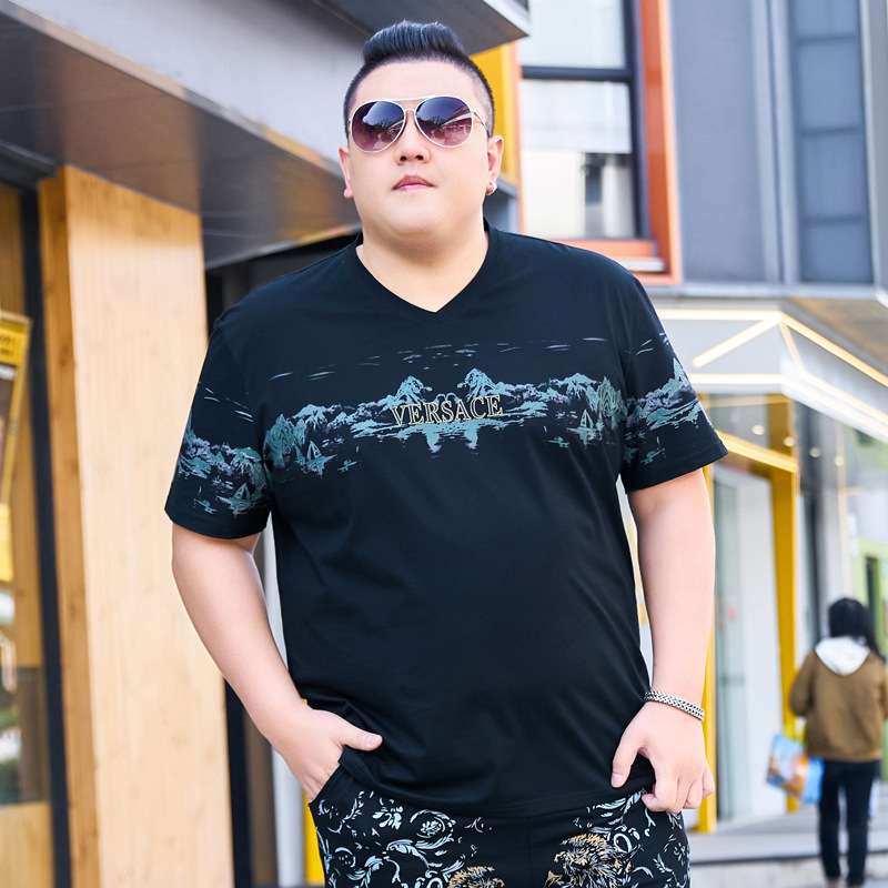 胖子男装加肥加大码短袖V领t恤胖人夏季宽松印花冰丝半袖弹力体恤