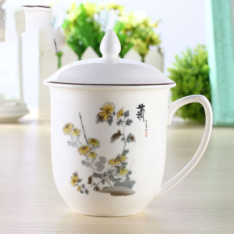 梅兰竹菊陶瓷茶杯带盖办公室会议杯家用水杯杯子套装