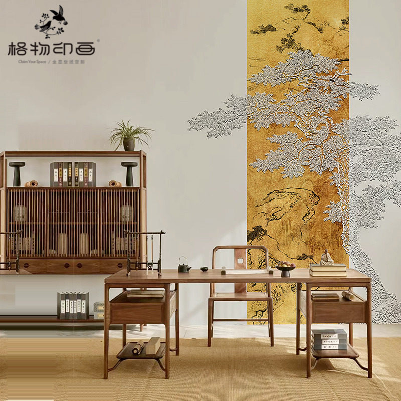 中式国风招财金箔墙布客厅背景墙壁E布办公室装修前台壁画茶室墙