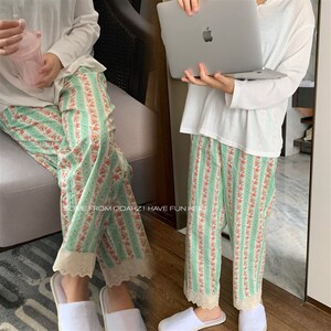 有风吹过~甜美清新碎花蕾丝边家居裤 宽松薄款梭织棉Wins女长睡裤
