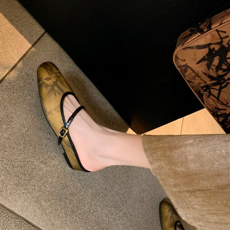 小个子内增高高j跟鞋女夏季新款时尚国风丝绸布面方头粗跟低跟拖