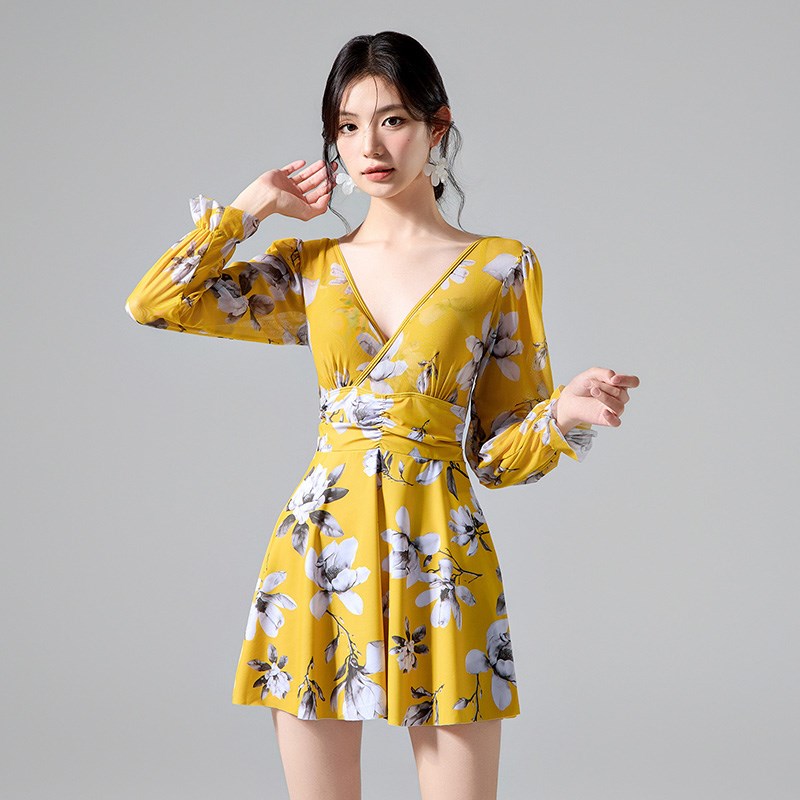 泡温泉泳衣女士大码显瘦遮肉连体裙式碎花小清新沙滩休闲度假泳装