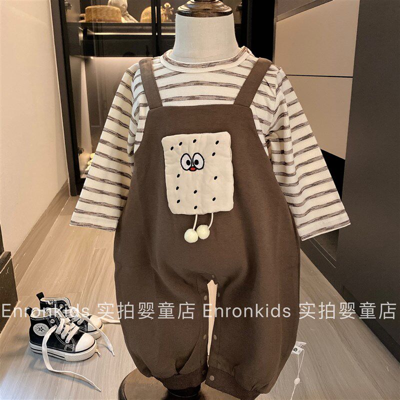 婴儿春装连体衣男宝宝春秋季长袖爬服新生儿O满月服背带假两件哈