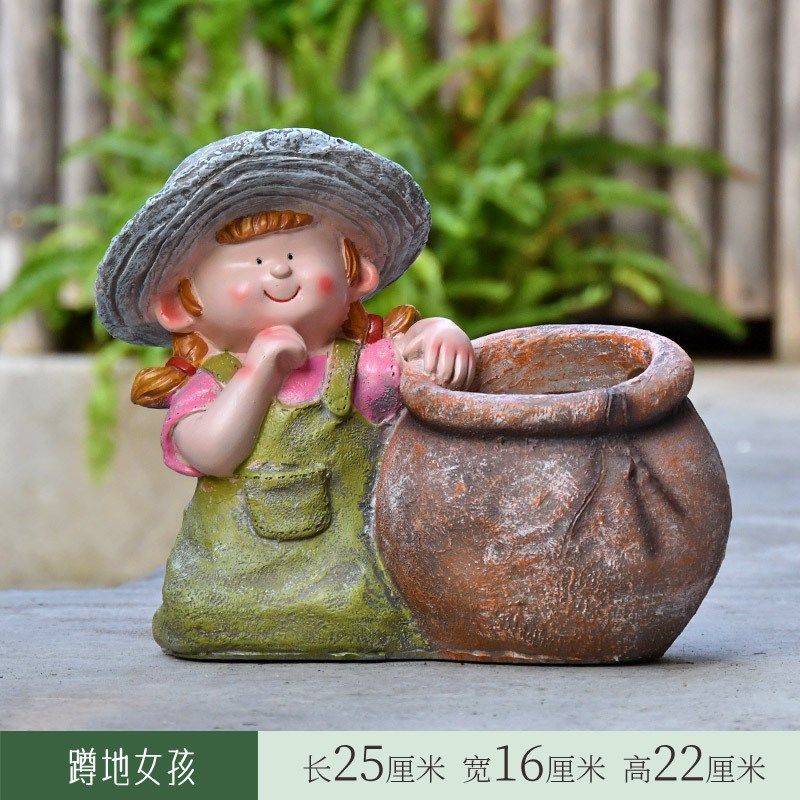 户外花园庭院装饰摆件可爱娃娃花盆卡通人物美式乡村别墅景观造景