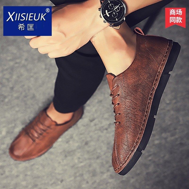 棕色2024新款版鞋子男土潮百搭配九分牛仔小脚裤休闲悠闲平板皮鞋