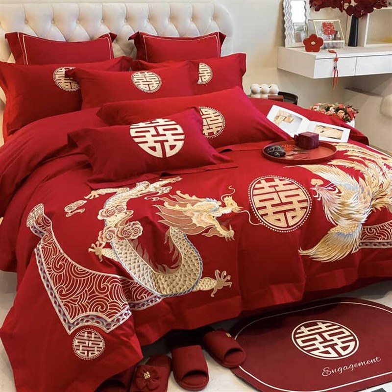 中式龙凤刺绣婚庆四件套全棉大红色床单结婚喜庆被套床品