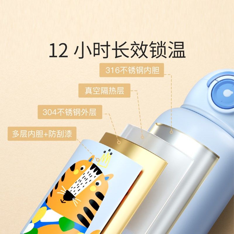 儿童保温杯带吸管外出便携男女孩家用水杯R卡通不锈钢吸管杯