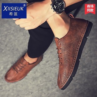 棕色2024新款版鞋子男土潮百搭配九分牛仔小脚裤休闲悠闲平板皮鞋